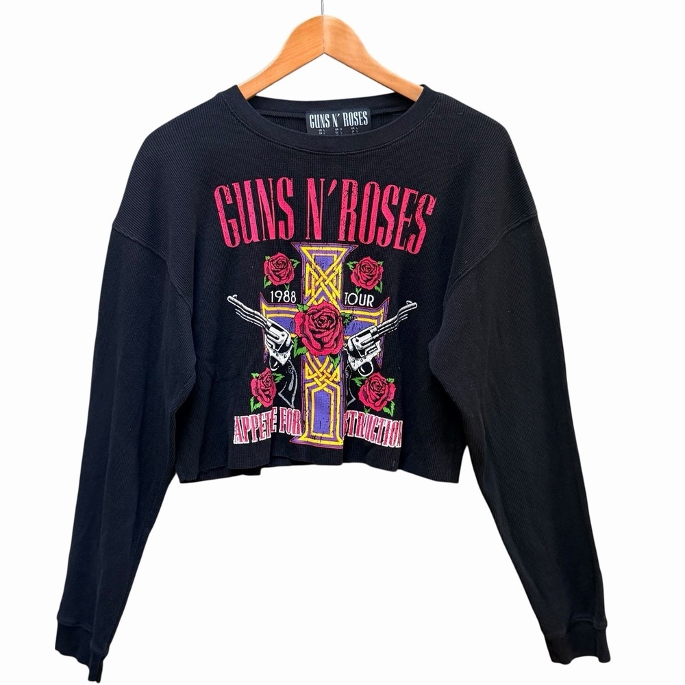 Guns N Roses Black‎ Long Sleeve Knit Crop Top Grunge Concert Festival Womens LG